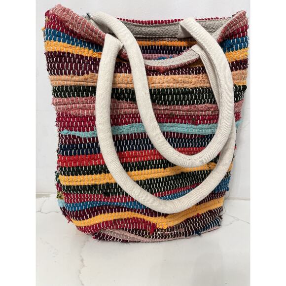 Woven Tote Beach Bucket Bag Multicolor Fabrics, Shoulder Handles Boho Folk Art - Picture 1 of 5